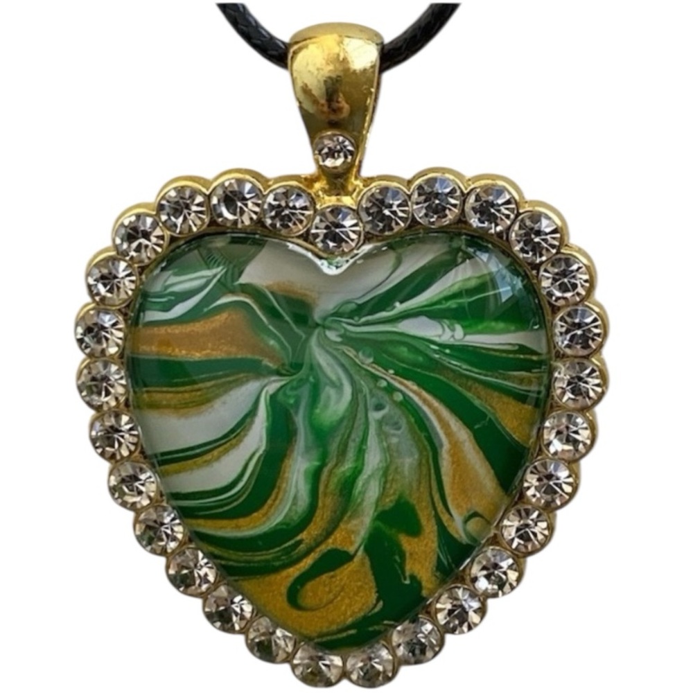 Hand Crafted Necklace Fluid Art Heart Pendant Green Gold White